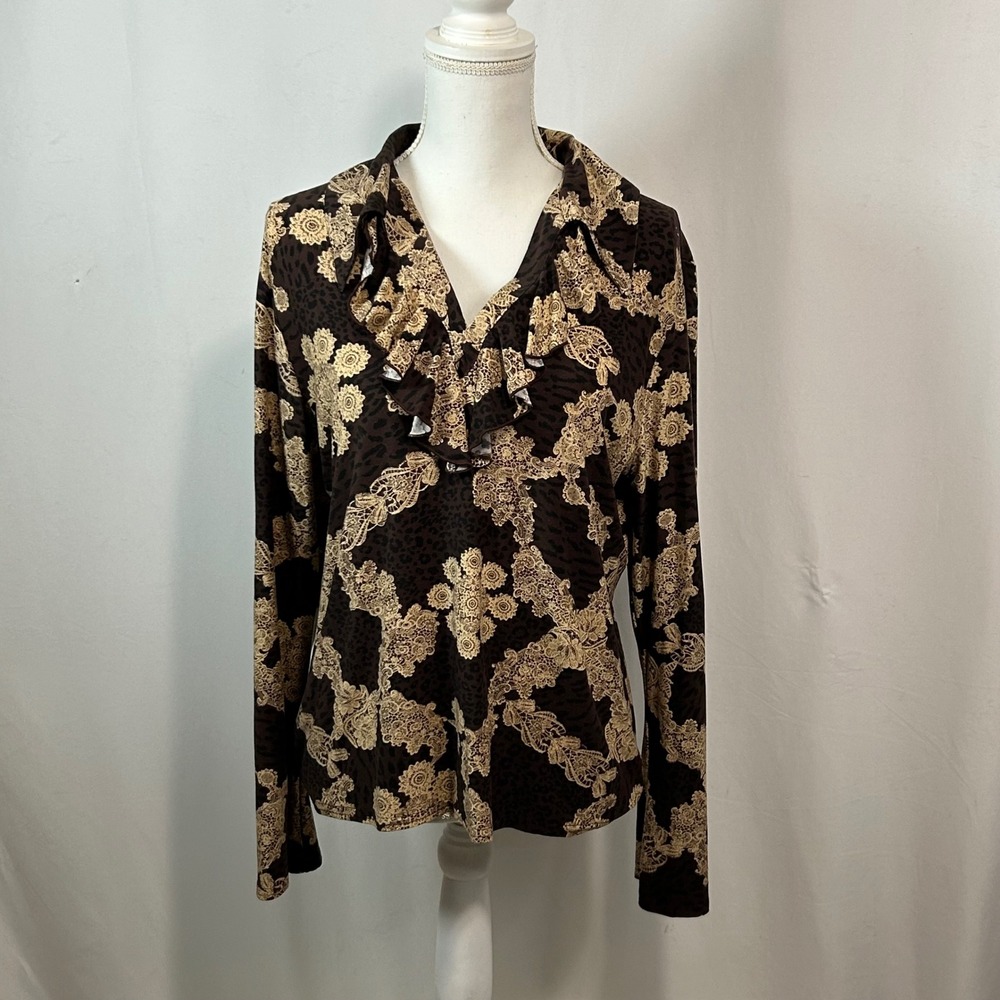 New York City Design Co. Brown Leopard Floral Ruffle‎ V-Neck Long Sleeve Top